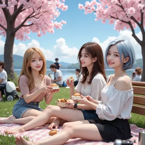 ((満開の桜並木の公園の bench)),((3,4人組のgirlたち)),(( picnic、Sandwiches、Lunch Box))、mix4、(Blond white hairlong hair)、(Short Hair、Chestnut-colored bob hair),(Light Blue Sauvage Permanent Hair),Top quality work、Actual Work、Ultra Premium Graphics、8K HD CG Works、 high qual...