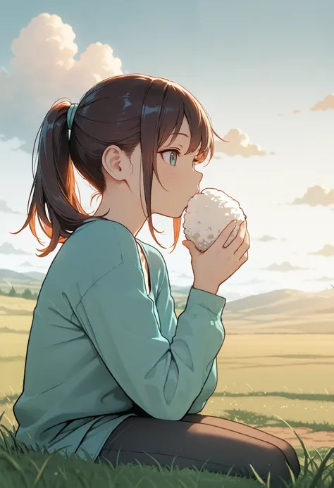 ultra detailed, absolutely resolution, masterpiece, highly detailed, sharp focus, vivid colors, soft lighting, cinematic composition, close-up of a cute woman, ponytail, casual clothes, eating rice balls alone in a deserted, vast grassland, a clear, cloudl...
