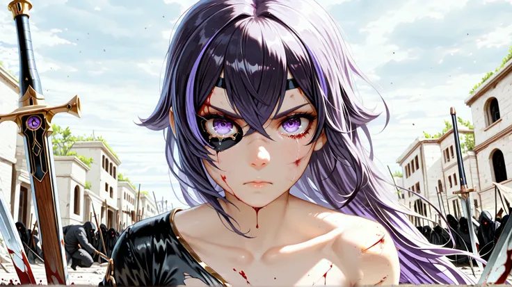 chevreuse (genshin impact) a girl in a black outfit with a weapon in her hand and blood splatters all around her, in a battlefield in the background amano, vanitas, firearm, fullbody, streaked hair, a detailed painting, collarbone, serious, gun, eyepatch...