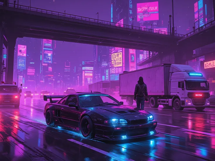 "Cyberpunk road scene (futuristic atmosphere:1.3), (neon reflections:1.2), (rain-soaked asphalt:1.2), (dynamic composition:1.1), a sleek black muscle car (modified:1.3), detailed with glowing blue plasma turbines and accent lights, gliding through the high...
