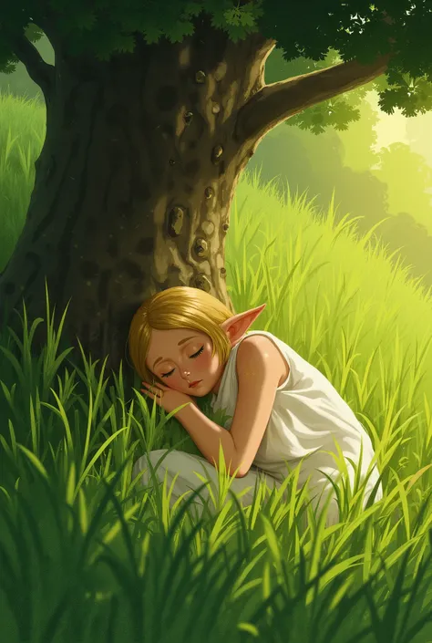 Spring,in the grassland,a girl sleeping under a big tree,pointy ears,elf, Freiren, bright green grass grows and half covers the girl, sleeping for a long time,