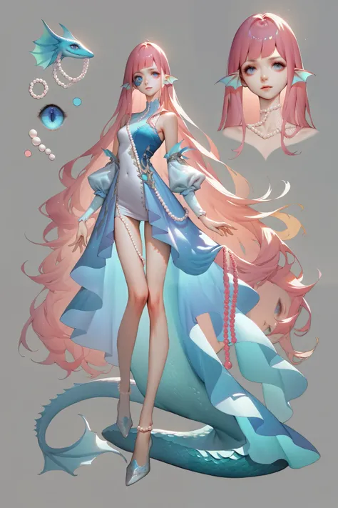 Girl, siren, legs, ethereal, pearl, absurdly long hair, one blue eye, one pink eye, hetechromia, scale patches on body, character sheet