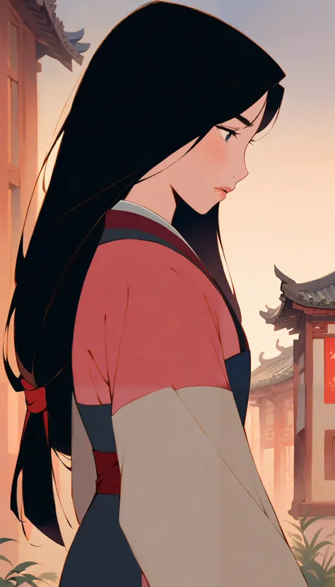 Hua Mulan,Show female bravery,shy,like a porcelain doll, fine features, delicate,Black and red color scheme,poster,iconic disney characters。shonen style, anime style, straight hair, big hair, ((long hair)) ,chinese young woman warrior, black hair, traditio...