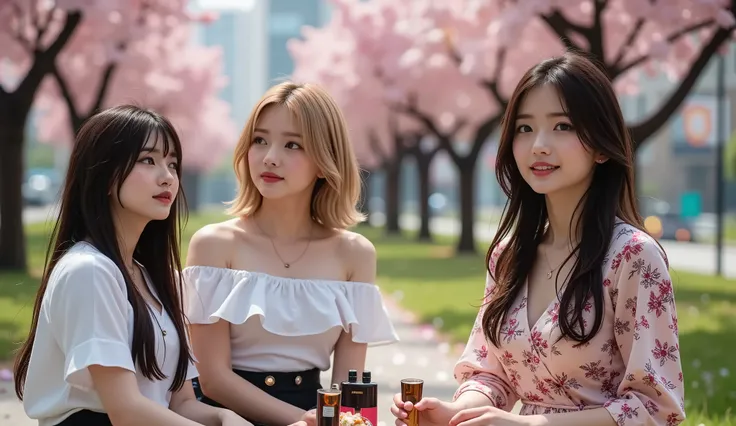 ((満開の桜並木の公園の bench)),((3,4人組のgirlたち)),(( picnic、Sandwiches、Lunch Box))、mix4、(Blond white hairlong hair)、(Short Hair、Chestnut-colored bob hair),(Light Blue Sauvage Permanent Hair),Top quality work、Actual Work、Ultra Premium Graphics、8K HD CG Works、 high qual...