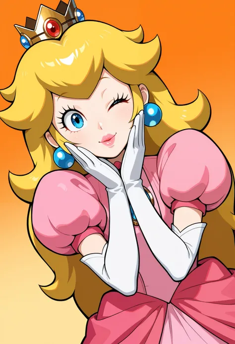 1 girl, solo, BREAK princess peach, blue eyes, long hair, crown, pink dress, jewelry, earrings, white gloves, puffy sleeves, elbow gloves, puffy short sleeves,greeting, upper body, smiling, winking, kiss, looking at viewer, dutch angle, best quality,amazin...
