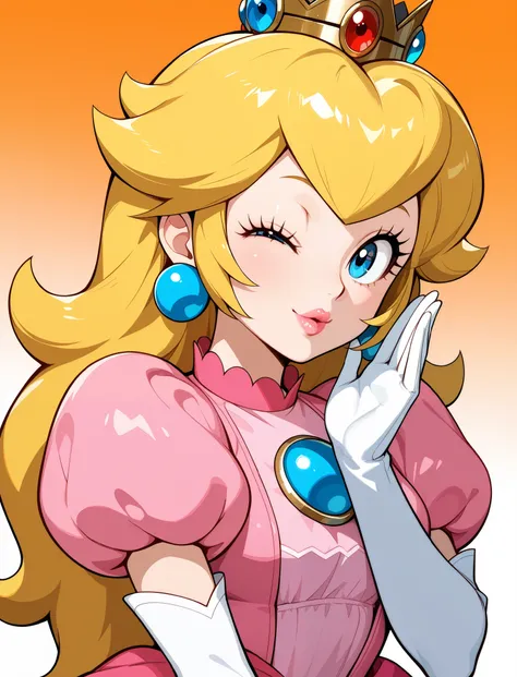 1 girl, solo, BREAK princess peach, blue eyes, long hair, crown, pink dress, jewelry, earrings, white gloves, puffy sleeves, elbow gloves, puffy short sleeves,greeting, upper body, smiling, winking, kiss, looking at viewer, dutch angle, best quality,amazin...