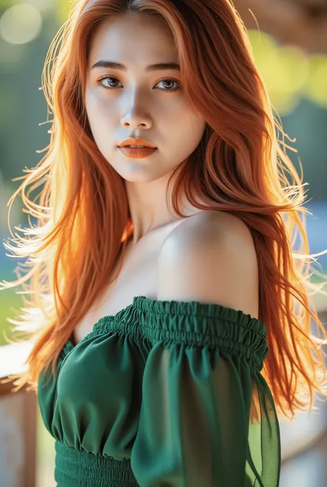 A stunning red-haired model with unique facial features. She has deep emerald-green eyes, high cheekbones, and a delicate sprinkling of freckles across her nose. Her wavy, fiery red hair cascades over her shoulders, glowing under soft natural light. Her li...