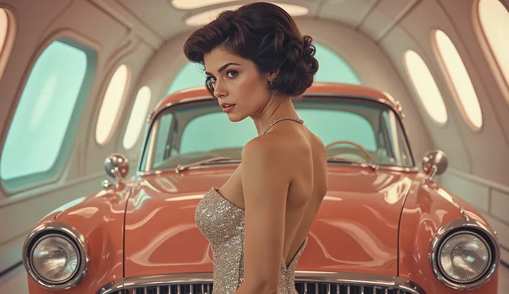 Glamorous young woman in a shimmering silver sequined gown, posing by a vintage, pastel-pink classic car. Woman, 20s, dark hair styled in a sophisticated updo, exuding confidence and elegance. She wears a form-fitting, backless gown with a shimmering se...