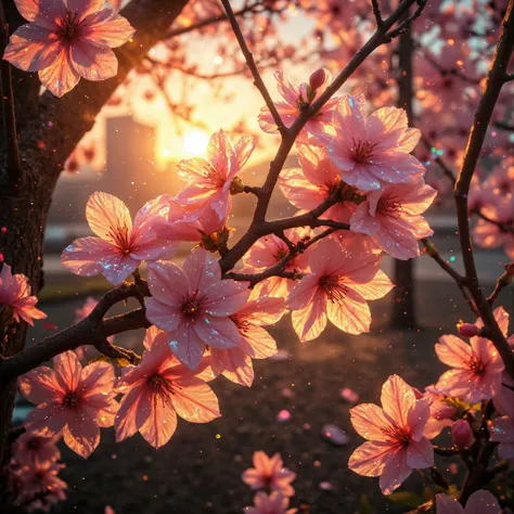 A stunning high-resolution cyberpunk city park at night, where a majestic sakura tree stands in the middle, its delicate pink blossoms illuminated by neon reflections from towering skyscrapers. The tree’s ancient, twisted trunk contrasts with the ultra-mod...