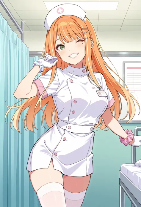 Score_9, score_8_up, score_7_up, source_anime, 1girl, shiun sumika, green eyes, long hair, wrist scrunchie, jewelry, orange hair, hairclip, mole under eye, medium breasts, (best quality), (high quality), {masterpiece}, extremely delicate and beautiful, ult...