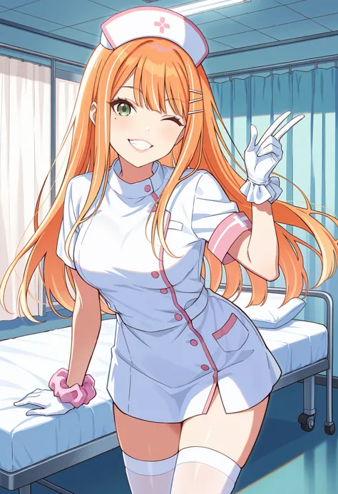 Score_9, score_8_up, score_7_up, source_anime, 1girl, shiun sumika, green eyes, long hair, wrist scrunchie, jewelry, orange hair, hairclip, mole under eye, medium breasts, (best quality), (high quality), {masterpiece}, extremely delicate and beautiful, ult...