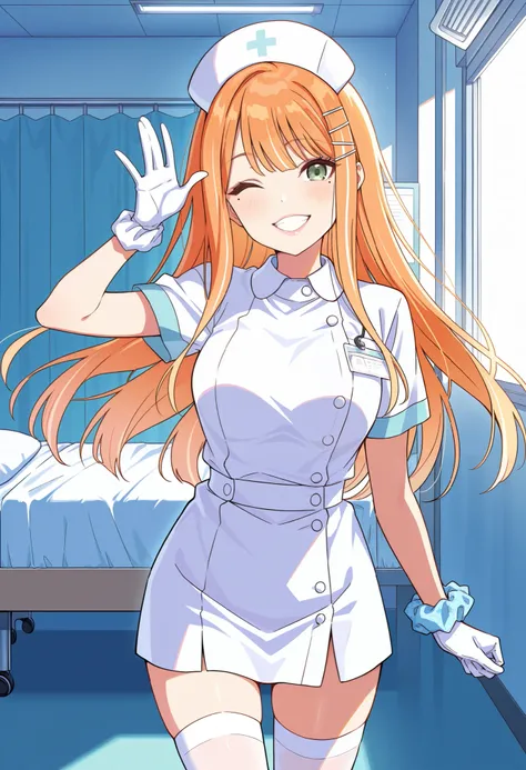 Score_9, score_8_up, score_7_up, source_anime, 1girl, shiun sumika, green eyes, long hair, wrist scrunchie, jewelry, orange hair, hairclip, mole under eye, medium breasts, (best quality), (high quality), {masterpiece}, extremely delicate and beautiful, ult...