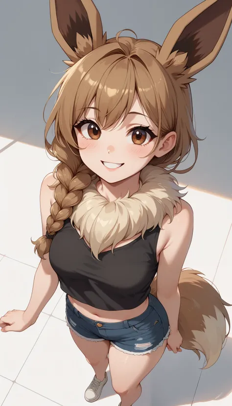 (Masterpiece) (High Detail) (High Res) A full body shot of A very short, cute and petite Human female with pale human skin and brown eyes and long brown braided hair and fluffy brown pointed Eevee ears and a long fluffy brown Eevee tail with a light tip an...