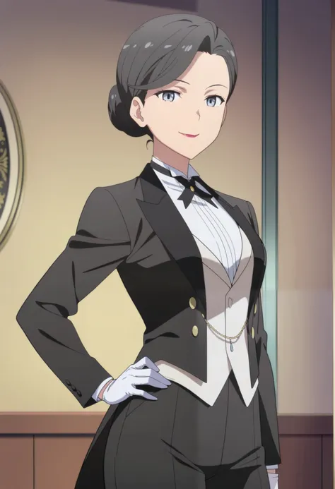 1girl,solo,mm,mature female,hair bun,black hair,blue eyes,lipstick,anime coloring, tuxedo tailcoat, butler, pants,hand on hip, woman in a formal suit,she's looking at the viewer with a calm smile,,, indoors,smile,, gloves ,masterpiece,best quality,amazing ...