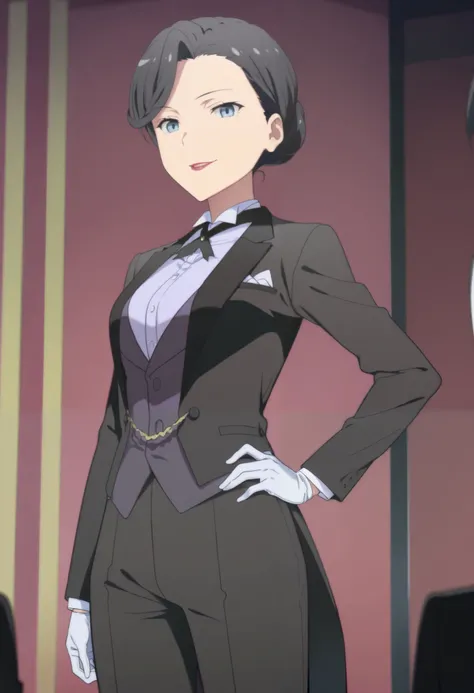 1girl,solo,mm,mature female,hair bun,black hair,blue eyes,lipstick,anime coloring, tuxedo tailcoat, butler, pants,hand on hip, woman in a formal suit,she's looking at the viewer with a calm smile,,, indoors,smile,, gloves ,masterpiece,best quality,amazing ...