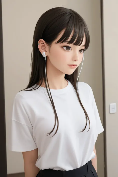 Beautiful woman using small wireless tws wireless earphones dyed white, he uses a closed shirt 