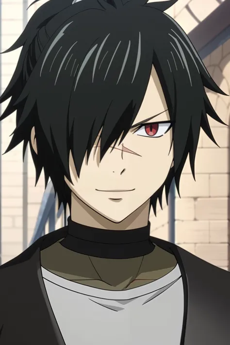 score_9, score_8_up, score_7_up, source_anime, rating_safe, intricate details, anime screencap, 1boy, solo, male focus, rogue_cheney, black hair, red eyes, ponytail, hair over one eye, scar, tattoo, close-up, happy, a light gray sleeveless shirt, tight to ...