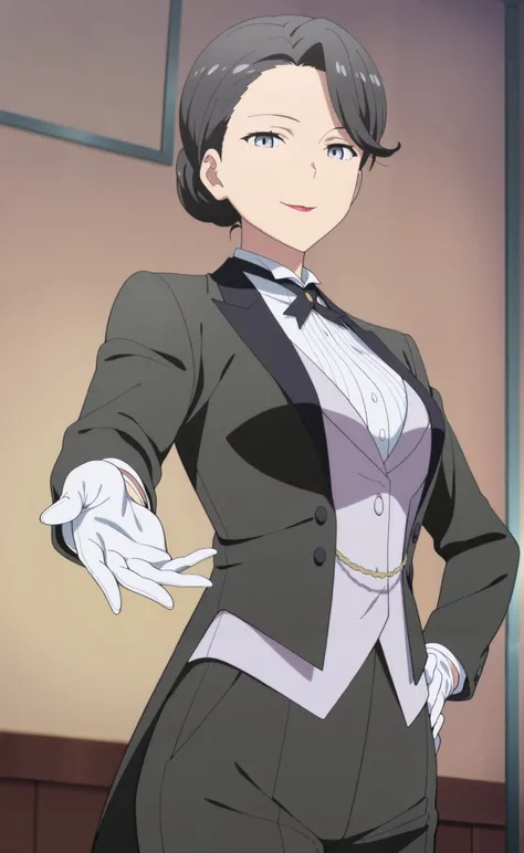 1girl,solo,mm,mature female,hair bun,black hair,blue eyes,lipstick,anime coloring, tuxedo tailcoat, butler, hand on hip, woman in a formal suit,she's looking at the viewer with a calm smile,,, indoors,smile,, gloves ,masterpiece,best quality,amazing qualit...