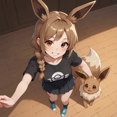 (Masterpiece) (High Detail) (High Res) A full body shot of A very short, cute and petite Human female with pale human skin and brown eyes and long brown braided hair and fluffy brown pointed Eevee ears and a long fluffy brown Eevee tail with a light tip an...