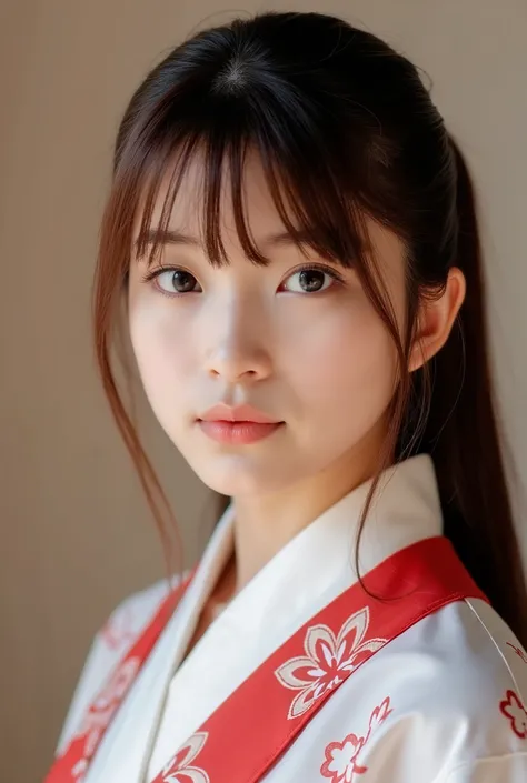 Create a photo collection featuring a beautiful Japanese idol girl with fair skin. She has long straight hair styled in a ponytail with bangs. The theme of the collection should highlight her elegance and charm, particularly in her traditional graduation h...