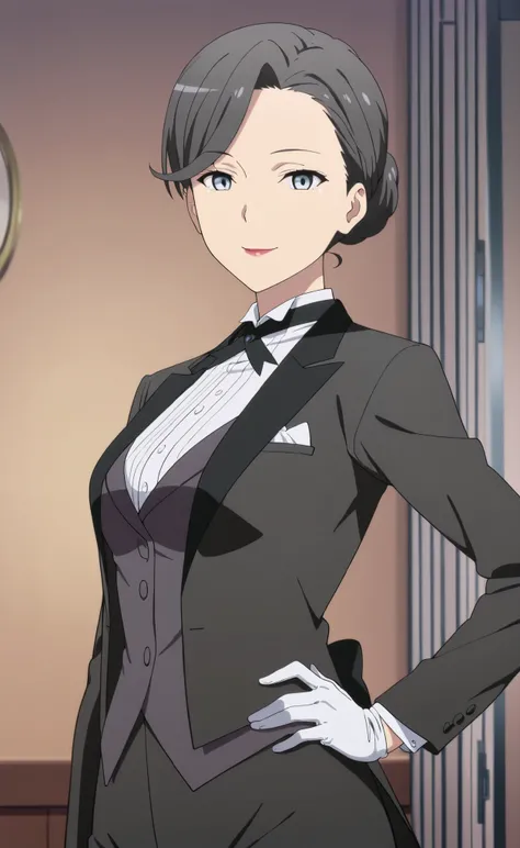 1girl,solo,mm,mature female,hair bun,black hair,blue eyes,lipstick,anime coloring, tuxedo tailcoat, butler, hand on hip, woman in a formal suit,she's looking at the viewer with a calm smile,,, indoors,smile,, gloves ,masterpiece,best quality,amazing qualit...