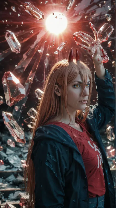 A hyper-realistic crystalline version of Power from Chainsaw Man, her body composed of shattered crimson and gold glass shards, giving her an untamed, chaotic energy. Her wild hair is now a mane of sharp, glowing crystalline strands, and her jagged horns a...