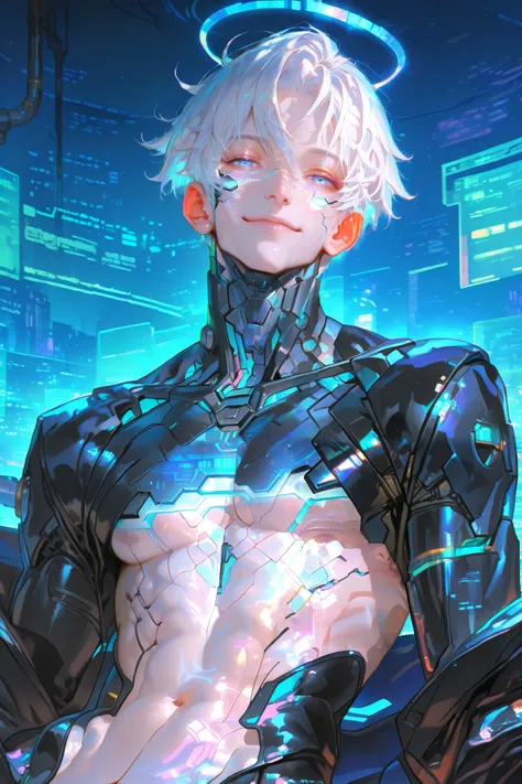 masterpiece, best quality, Detailed Eyes, boy, shortcut white hair, blue eye, semi realistic, toned, blue neon accessories, black cyber fullsuit, smile, solo charactor, cyberpunk background, hologram, hologram blue halo, looking at viewer, no nipple