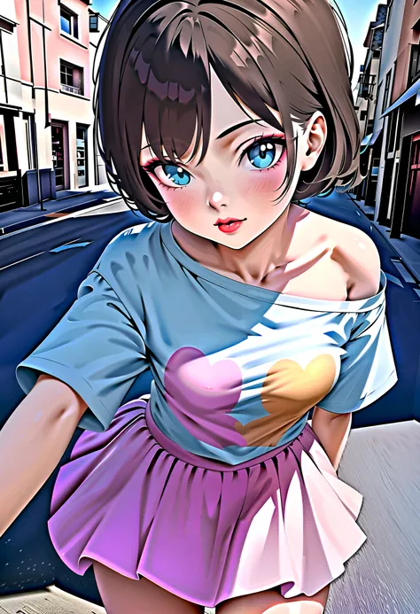 ((RAW Photo), Absurds, (Absurd Resolution)), ((Hyperrealism, Photorealistic)), (AI Reality), (A young woman with AI Hyperrealism), freckled, (light eyes), (makeup, red lips, heart emoji), ((loose t-shirt, loose skirt, pastel colors)), (street background), ...