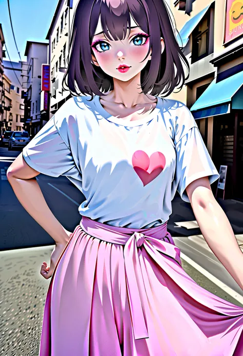 ((RAW Photo), Absurds, (Absurd Resolution)), ((Hyperrealism, Photorealistic)), (AI Reality), (A young woman with AI Hyperrealism), freckled, (light eyes), (makeup, red lips, heart emoji), ((loose t-shirt, loose skirt, pastel colors)), (street background), ...