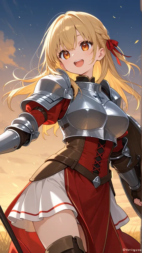 female、 medieval knight 、 Gold、 shield on left hand、 Prairie in the Daytime、is walking、front、At eye level
