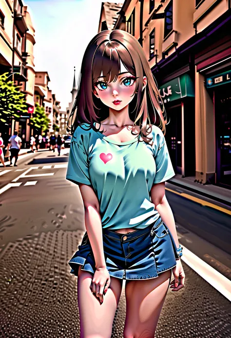 ((RAW Photo), Absurds, (Absurd Resolution)), ((Hyperrealism, Photorealistic)), (AI Reality), (A young woman with AI Hyperrealism), freckled, (light eyes), (makeup, red lips, heart emoji), ((loose t-shirt, loose skirt, pastel colors)), (street background), ...