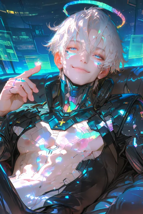 masterpiece, best quality, Detailed Eyes, boy, shortcut white hair, blue eye, semi realistic, toned, blue neon accessories, black cyber fullsuit, smile, solo charactor, cyberpunk background, hologram, hologram blue halo, looking at viewer, no nipple, lying...