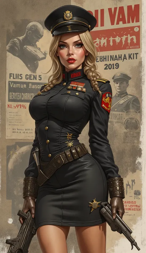 the proportions and detailed textures multicolor brushwork and softened with airbrush, semi-realistic ink china illustration of a strong and beautiful young girl in a steampunk style police uniform and epic fantasy (full body pose, with a confident and dar...