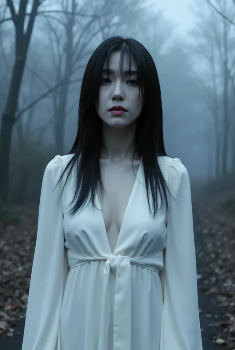 Create a hauntingly beautiful portrait of a Japanese actress on a horror movie set. She has ghostly white skin and deep purple lips, exuding an eerie presence. Her long, disheveled black hair obscures part of her face, enhancing her terrifying appearance. ...
