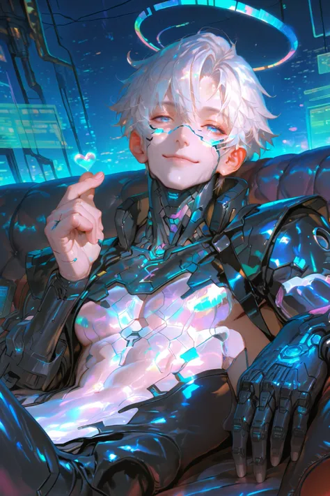masterpiece, best quality, Detailed Eyes, boy, shortcut white hair, blue eye, semi realistic, toned, blue neon accessories, black cyber fullsuit, smile, solo charactor, cyberpunk background, hologram, hologram blue halo, looking at viewer, no nipple, lying...