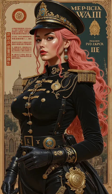 the proportions and detailed textures multicolor brushwork and softened with airbrush, semi-realistic ink china illustration of a strong and beautiful young girl in a steampunk style police uniform and epic fantasy (full body pose, with a confident and dar...