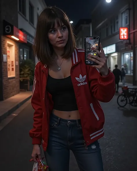 Super detailed, high quality, high-quality details, premium art. HD, masterpiece, high resolution, realistic, photorealistic. Downtown at night, selfie taken with a cell phone in casual mode, emo woman, goth girl's room, wearing jeans, a red Adidas jacket,...