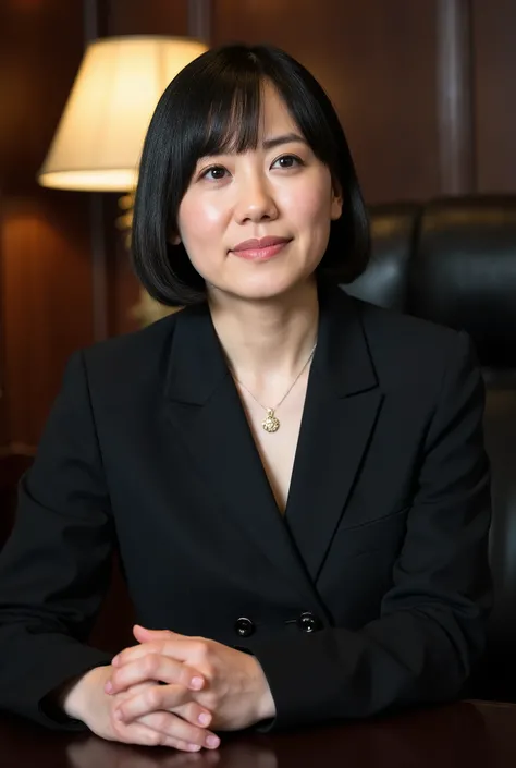 A mature woman between the ages of 40 and 45 is、wearing a jacket with the top 2 buttons open、chest is visible on the desk