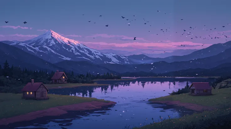 There is a small house on the shore of a lake, and the lake is surrounded by vast mountains,Beautiful wild birds also live in the lake.