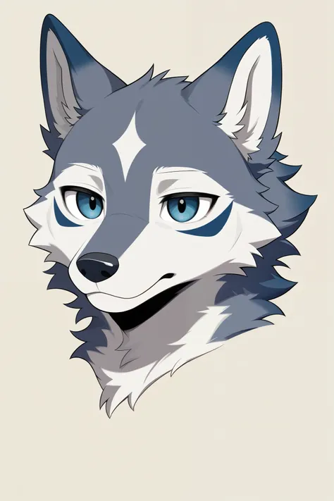 An anthropomorphic male wolf with grey and bluish fur, head only. Looking left not looking at the camera with a cold expression and a unique face pattern and blue face marking. Furry And a litte bit cartoonish look but not to cartoonish, Furry art style