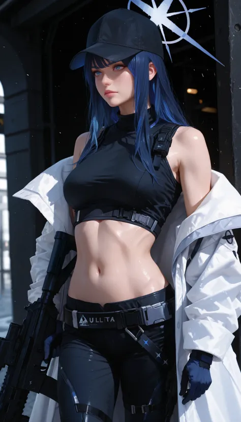 (((ultra realistic, photorealism, ultra detailed))) saori joumae , blue eyes , blue hair , halo , long hair , bare arms , bare shoulders , belt , black headwear , black pants , black shirt , blue gloves , crop top , gloves, midriff , navel, shirt , sleevel...