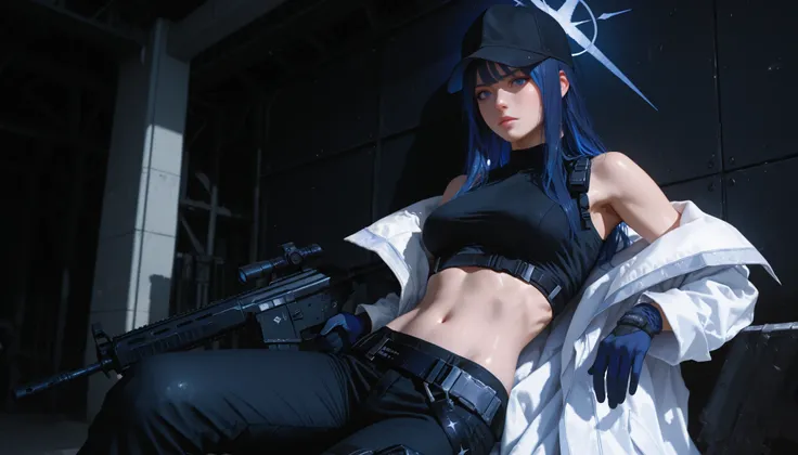 (((ultra realistic, photorealism, ultra detailed))) saori joumae , blue eyes , blue hair , halo , long hair , bare arms , bare shoulders , belt , black headwear , black pants , black shirt , blue gloves , crop top , gloves, midriff , navel, shirt , sleevel...