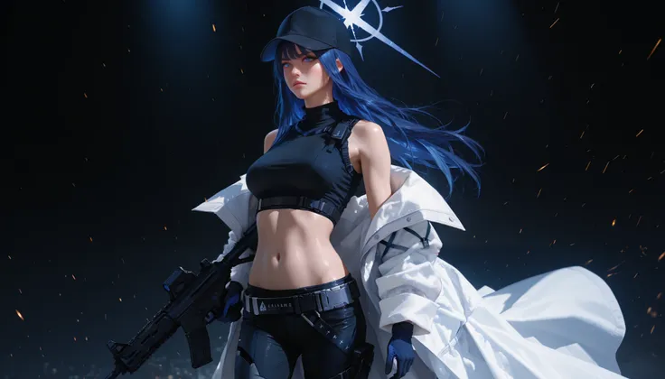 (((ultra realistic, photorealism, ultra detailed))) saori joumae , blue eyes , blue hair , halo , long hair , bare arms , bare shoulders , belt , black headwear , black pants , black shirt , blue gloves , crop top , gloves, midriff , navel, shirt , sleevel...