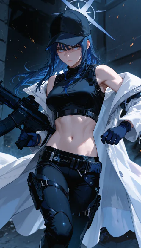 saori joumae , blue eyes , blue hair , halo , long hair , bare arms , bare shoulders , belt , black headwear , black pants , black shirt , blue gloves , crop top , gloves, midriff , navel, shirt , sleeveless, white coat, open coat, long sleeves, looking at...