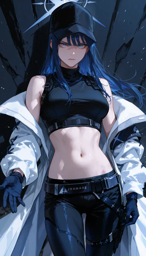 saori joumae , blue eyes , blue hair , halo , long hair , bare arms , bare shoulders , belt , black headwear , black pants , black shirt , blue gloves , crop top , gloves, midriff , navel, shirt , sleeveless, white coat, open coat, off shoulder, long sleev...