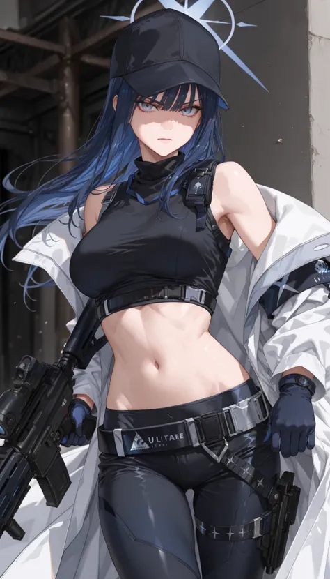 (((high quality, ultra detailed, 4K))) saori joumae , blue eyes , blue hair , halo , long hair , bare arms , bare shoulders , belt , black headwear , black pants , black shirt , blue gloves , crop top , gloves, midriff , navel, shirt , sleeveless, white co...