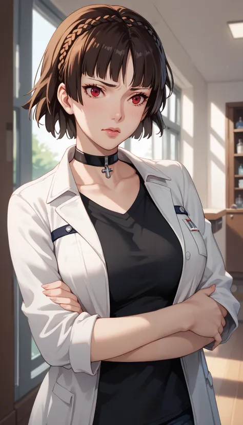 Makoto niijima, choker,adult woman, housewife, black hair, red eyes, short hair, chest,Casual T-shirts, open jacket,Scientist jacket, milf, embarrassed, soft light, very detailed, top quality,A look of shame on his face,
