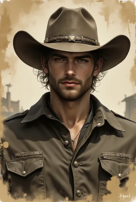 faded photo:1.5、Sepia:1.37、Faded Portrait、A 35-year-old man dressed like a cowboy.Ten-gallon hat、Leave for posterity、 He is light brown, Curly Hair., He has a little beard