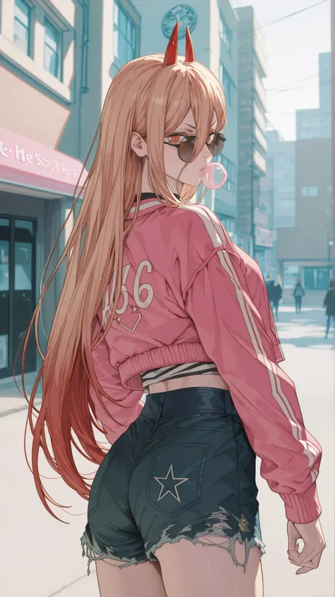 A hyper-realistic portrayal of Power from Chainsaw Man, styled in urban street fashion. She wears a pink and gray varsity jacket with a black star emblem, a black-and-white striped crop top, and ripped black denim shorts, mirroring the reference outfit. He...