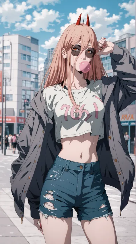 A hyper-realistic portrayal of Power from Chainsaw Man, styled in urban street fashion. She wears a pink and gray varsity jacket with a black star emblem, a black-and-white striped crop top, and ripped black denim shorts, mirroring the reference outfit. He...